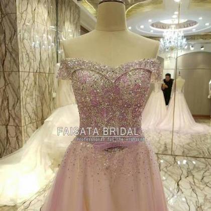 Luxury Crystal A Line Prom Dresses 2017 Boat Neck..