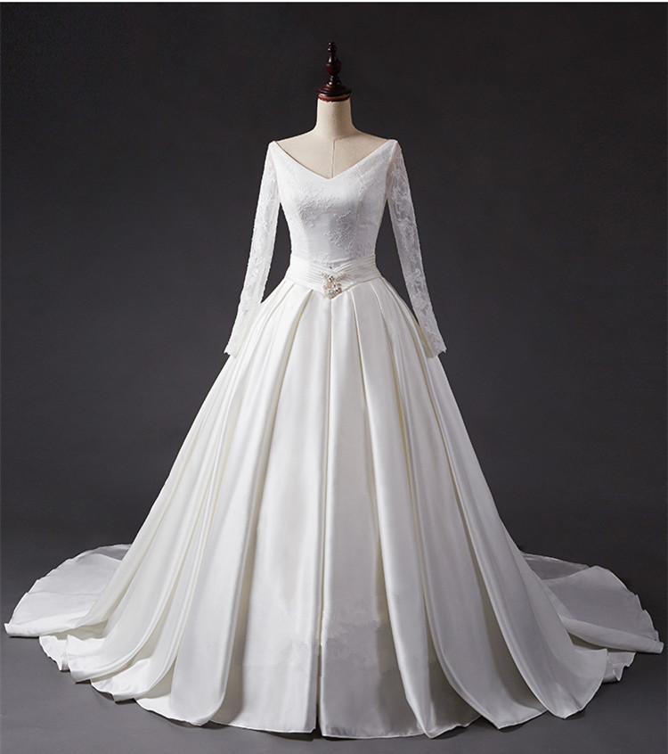 Faisata Satin Ball Gown Wedding Dresses A-line V Neck Long Sleeves Bridal Dress Bridal Gown