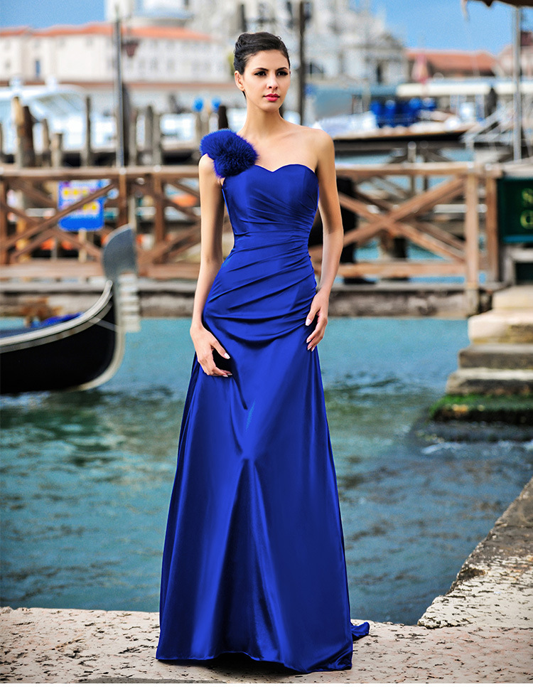Women's Floor Length Strapless One Shoulder Evening Party Blue Bridesmaid Dresses