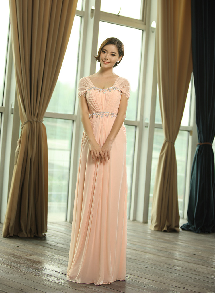 Women's Chiffon Floor Length Strapless Capsleeves Evening Pink Long Bridesmaid Dresses